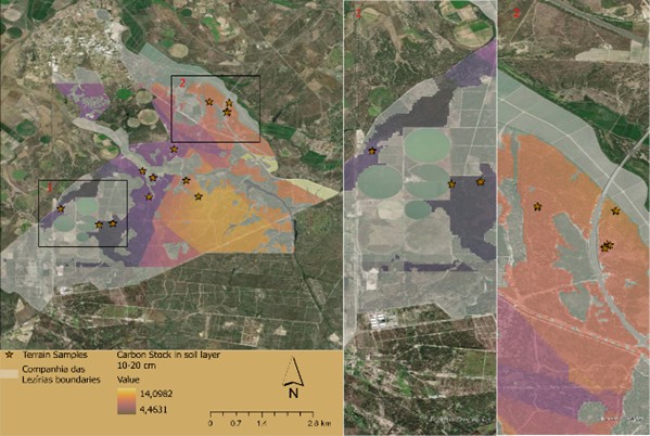 Figure 3b. Carbon distribution pattern in the 10-20 cm soil layer, Basemap: Esri, DigitalGlobe, GeoEye, i-cubed, USDA FSA, USGS, AEX, Getmapping, Aerogrid, IGN, IGP, swisstopo, and the GIS User Community.